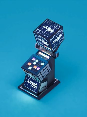 a toy phone booth on a blue background